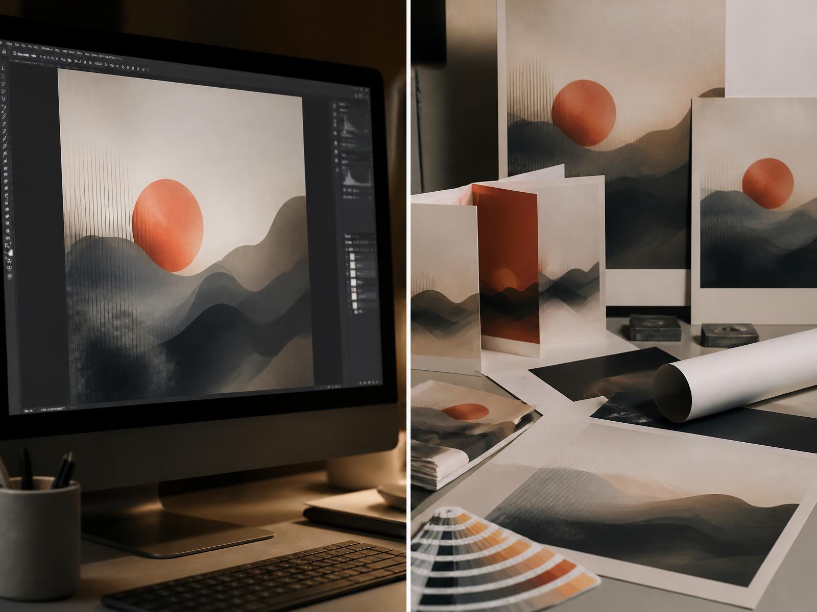 Split view of an AI-generated concept on screen and the same artwork as printed production materials