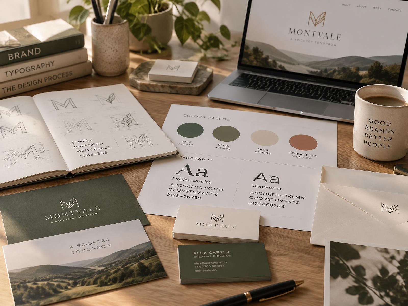 Brand identity design workspace with logo sketches, colour swatches and business stationery