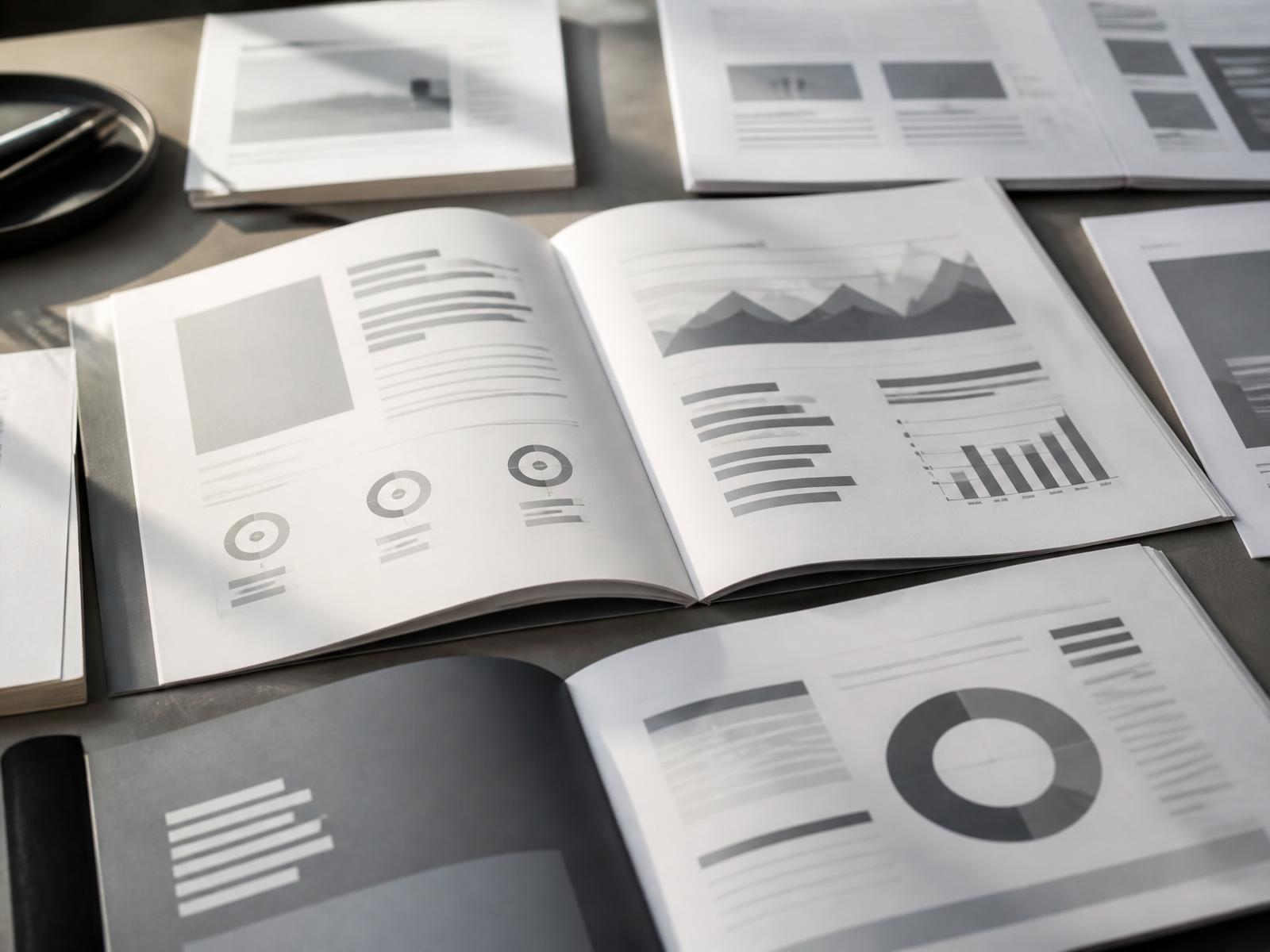 Brochure and report spreads with charts laid out on a designer's desk