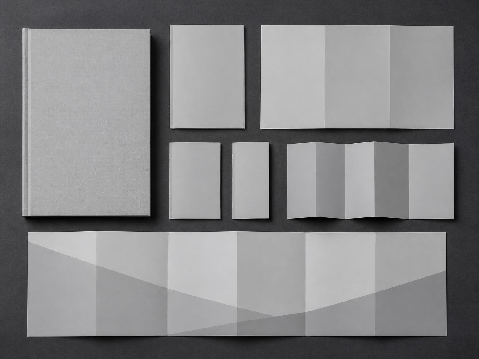 Printed annual report with insert booklets and folded charts arranged in a grid
