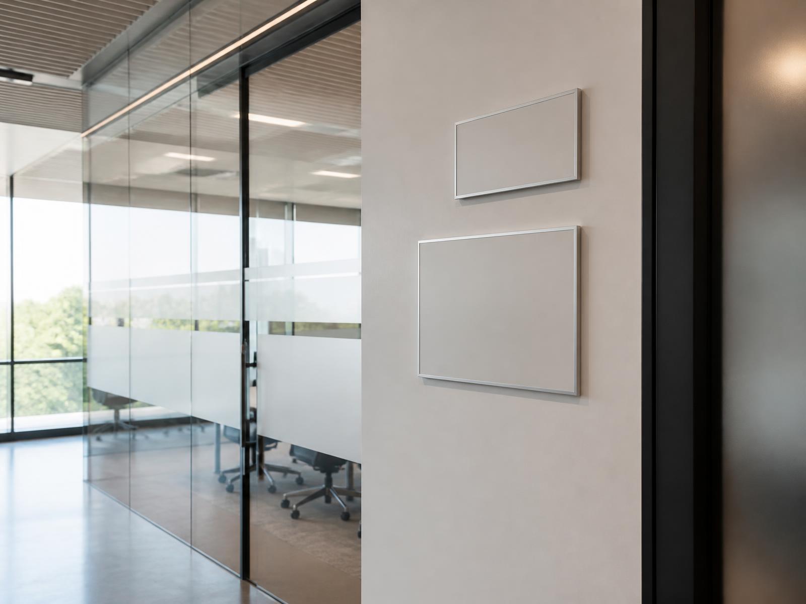 Office wayfinding sign plates and frosted window graphics in a corporate workplace